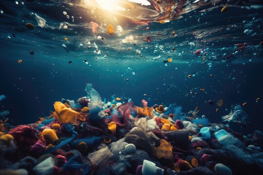 microplastic particles floating in ocean, creating a toxic soup for marine life, created with generative ai