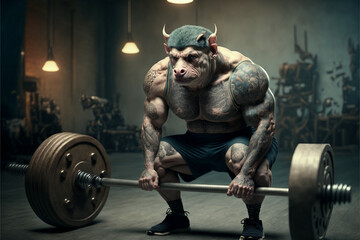 Fototapeta na wymiar anthropomorphic kneaded out muscular rat workout in gym, Generative AI