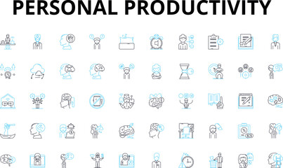 Personal productivity linear icons set. Focus, Efficiency, Time-management, Organize, Prioritize, Procrastination, Motivation vector symbols and line concept signs. Discipline,Goals,Planning