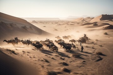 nomadic tribe moving with their herd of horses in the desert, created with generative ai