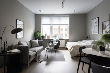 studio apartment, with minimalist decor and sleek furnishings, created with generative ai