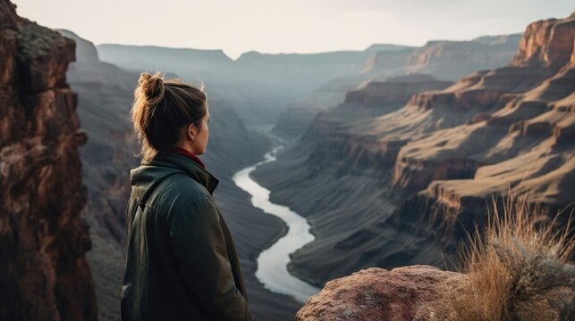 Woman on the edge of the mountain, AI generated