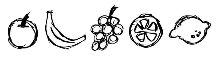Narysowane owoce winogrono jabłko cytryna banan - obrazy, fototapety, plakaty