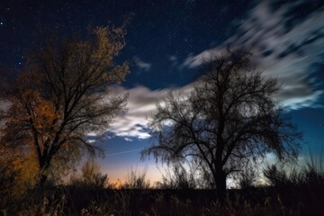 Naklejka premium harvest moon night sky, with clouds and stars visible, and silhouettes of trees in the foreground, created with generative ai