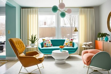 sun-filled living room with sleek, mid-century modern furniture and pops of color, created with generative ai