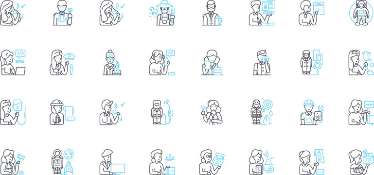 Career options linear icons set. Opportunities, Professions, Occupations, Vocations, Trades, Jobs, Employment line vector and concept signs. Fields,Specialization,Industry outline illustrations