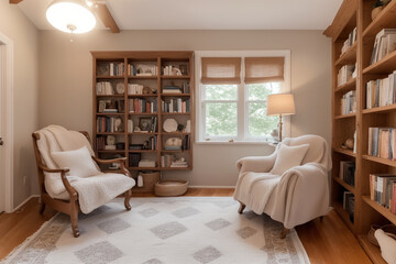 Fototapeta premium cozy and inviting reading nook with a comfortable armchair, bookshelves filled with books, warm lighting from a floor lamp, soft blanket, and cushions. Generative AI
