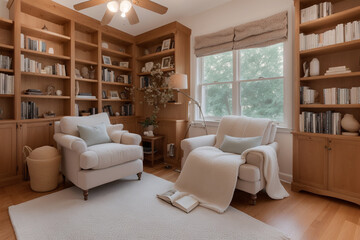 Fototapeta na wymiar cozy and inviting reading nook with a comfortable armchair, bookshelves filled with books, warm lighting from a floor lamp, soft blanket, and cushions. Generative AI