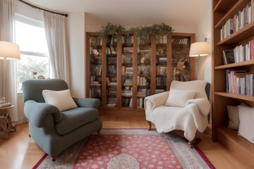 cozy and inviting reading nook with a comfortable armchair, bookshelves filled with books, warm lighting from a floor lamp, soft blanket, and cushions. Generative AI