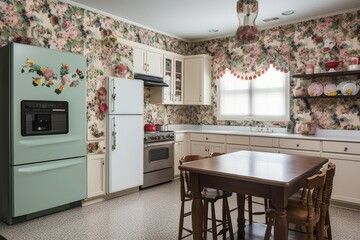 floral wallpaper in kitchen with cabinets and appliances matching, created with generative ai