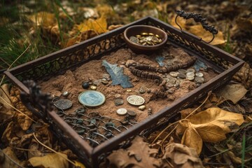 metal detector frame with treasure and coins discovered in the field, created with generative ai