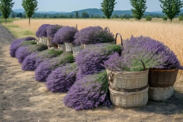 lavender harvest season, with bundles of lavender waiting to be picked, created with generative ai