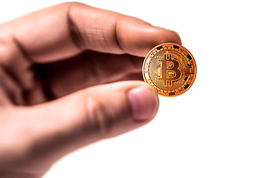 Hand holding bitcoin between thumb and forefinger