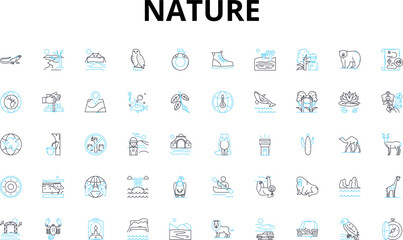 Nature linear icons set. Forest, Mountain, River, Ocean, Lake, Sky, Sunset vector symbols and line concept signs. Sunrise,Clouds,Rainforest illustration