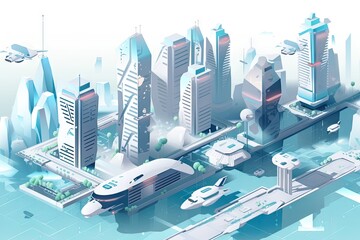 isometric view of futuristic cityscape, with towering skyscrapers and hovering hovercrafts visible in the background, created with generative ai