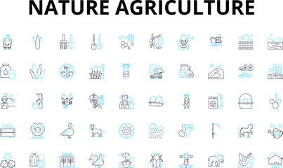 Nature agriculture linear icons set. Soil, Seeds, Harvest, Fertilizers, Irrigation, Cultivation, Livestock vector symbols and line concept signs. Organic,Pesticides,Gardening illustration
