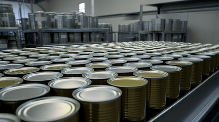 Production of cans for canning in large quantities in a factory. Canned food on a conveyor belt. AI generation