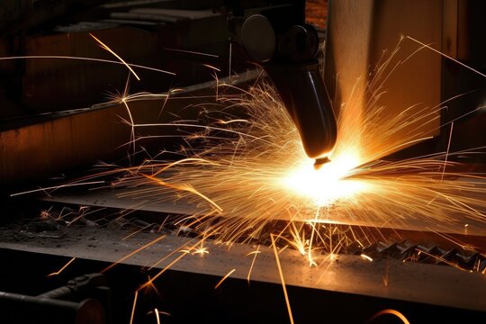 welding torch through metal plate, with sparks flying, created with generative ai