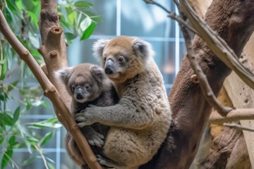 koala family hanging from the same tree, with mother and baby in different branches, created with generative ai