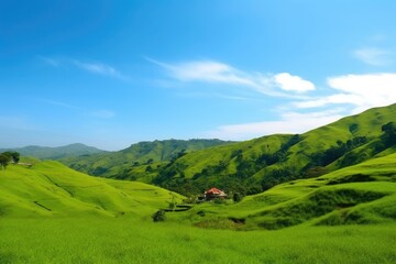 Fototapeta premium exotic destination of rolling green hills and blue skies, created with generative ai