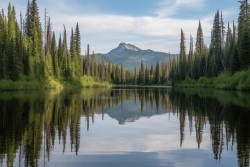 canoeing through a quiet lake, with towering trees and mountain views in the distance, created with generative ai