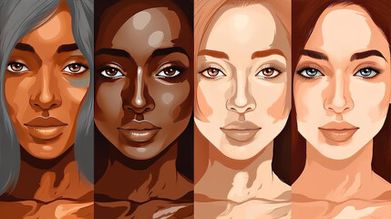 a beautiful woman in four different patterns with varied skin colors, generative ai technology