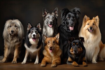 group of dogs looking at the camera, with various breeds and fur colors represented, created with generative ai