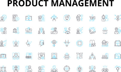 Product management linear icons set. strategy, roadmap, prioritization, ideation, analysis, development, launch vector symbols and line concept signs. iteration,optimization,customer illustration