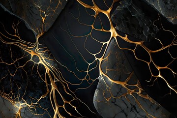 Marbre noir avec des veines dorées, fausse texture de pierre artificielle peinte, illustration de marbrure numérique. AI générative 