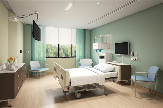 modern hospital room, with sleek furniture and clean lines, for a comfortable stay, created with generative ai