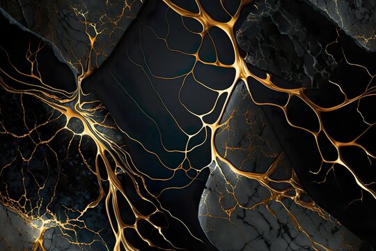 Marbre noir avec des veines dor&eacute;es, fausse texture de pierre artificielle peinte, illustration de marbrure num&eacute;rique. AI g&eacute;n&eacute;rative 