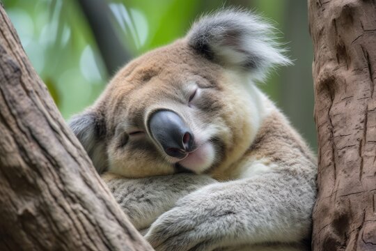 pensive koala sitting in the tree, head tilted and eyes closed, created with generative ai