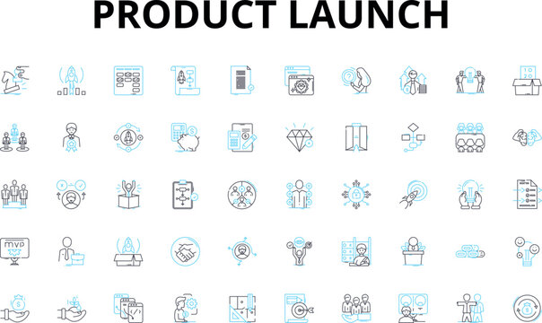 Product launch linear icons set. Unveil, Release, Introduction, Debut, Launch, Premiere, Rollout vector symbols and line concept signs. Kickoff,Announcement,Unbox illustration