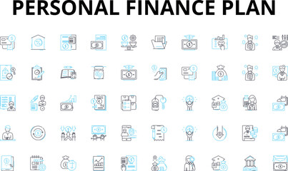 Personal finance plan linear icons set. Budgeting, Savings, Investment, Debt, Retirement, Assets, Income vector symbols and line concept signs. Expenses,Accounting,Planning illustration