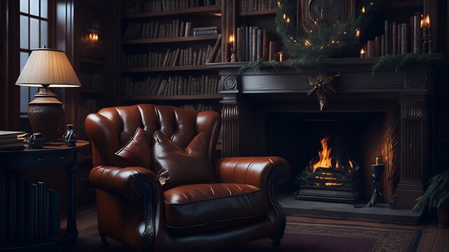 Santa's cozy library filled with books, Generative AI
