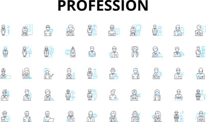 Profession linear icons set. Lawyer, Doctor, Engineer, Accountant, Teacher, Chef, Artist vector symbols and line concept signs. Musician,Athlete,Writer illustration