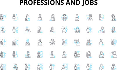 Fototapeta na wymiar Professions and jobs linear icons set. Engineer, Architect, Doctor, Lawyer, Teacher, Photographer, Chef vector symbols and line concept signs. Writer,Accountant,Salesperson illustration