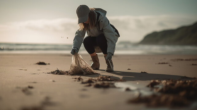 person collecting garbage waste on the beach, Generative AI