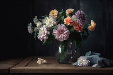 pastel flowers in vase on dark wooden table, created with generative ai