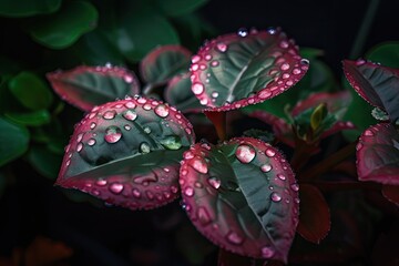 close-up of neon plant with dew drops on the leaves, created with generative ai