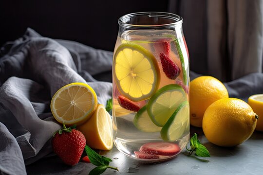 glass of fruit-infused water, with slice of lemon and lime for garnish, created with generative ai