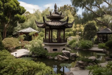 Fototapeta premium peaceful pagoda garden with water features, elegant greenery, and artwork, created with generative ai