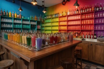 Obraz premium colorful cocktail bar with variety of colorful drinks and mixers, created with generative ai