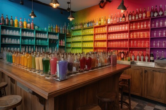 colorful cocktail bar with variety of colorful drinks and mixers, created with generative ai