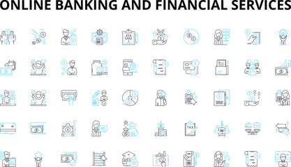 Online banking and financial services linear icons set. Security, Convenience, Accessibility, Efficiency, Mobile, Transfer, Credit vector symbols and line concept signs. Deposit,Withdrawal,Billpay