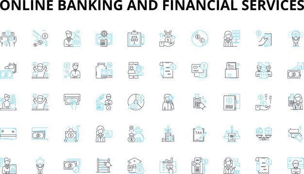 Online banking and financial services linear icons set. Security, Convenience, Accessibility, Efficiency, Mobile, Transfer, Credit vector symbols and line concept signs. Deposit,Withdrawal,Billpay