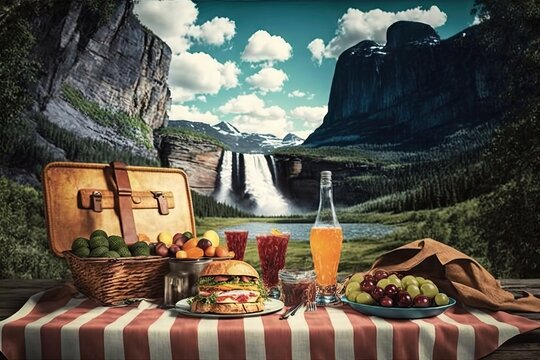 picnic with view of cascading waterfall and mountain range in the distance, created with generative ai