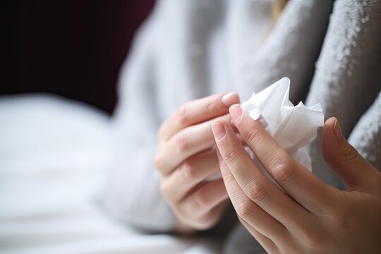 close-up of person's hand, holding tissue for wiping away nasal spray, created with generative ai
