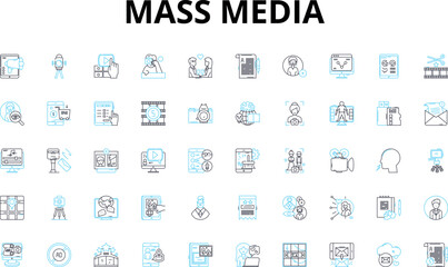Fototapeta na wymiar Mass media linear icons set. News, Journalism, Advertising, Radio, Television, Internet, Press vector symbols and line concept signs. Magazine,Newspaper,Media illustration