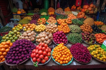 Fototapeta na wymiar brightly colored fruits and vegetables at exotic market, created with generative ai